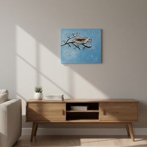 Blue Canvas Wall Art with Bird’s Nest – 16x20 Nature Painting Home Décor